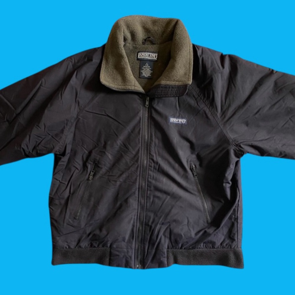 Vintage 90s Lands End Squall Jacket Coat Navy Gray Fleece Lined Windbreaker